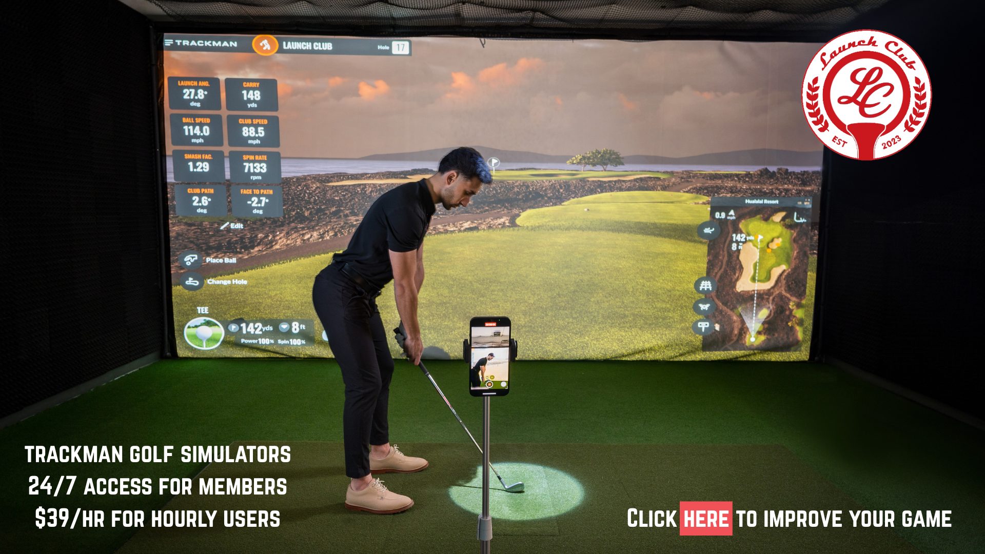 Indoor TrackMan golf simulator at Launch Club Maple Grove